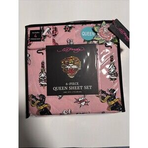 Ed Hardy 6-Piece Pink QUEEN Sheet Set Black Tiger Hearts w/4 Pillowcases *NEW*
